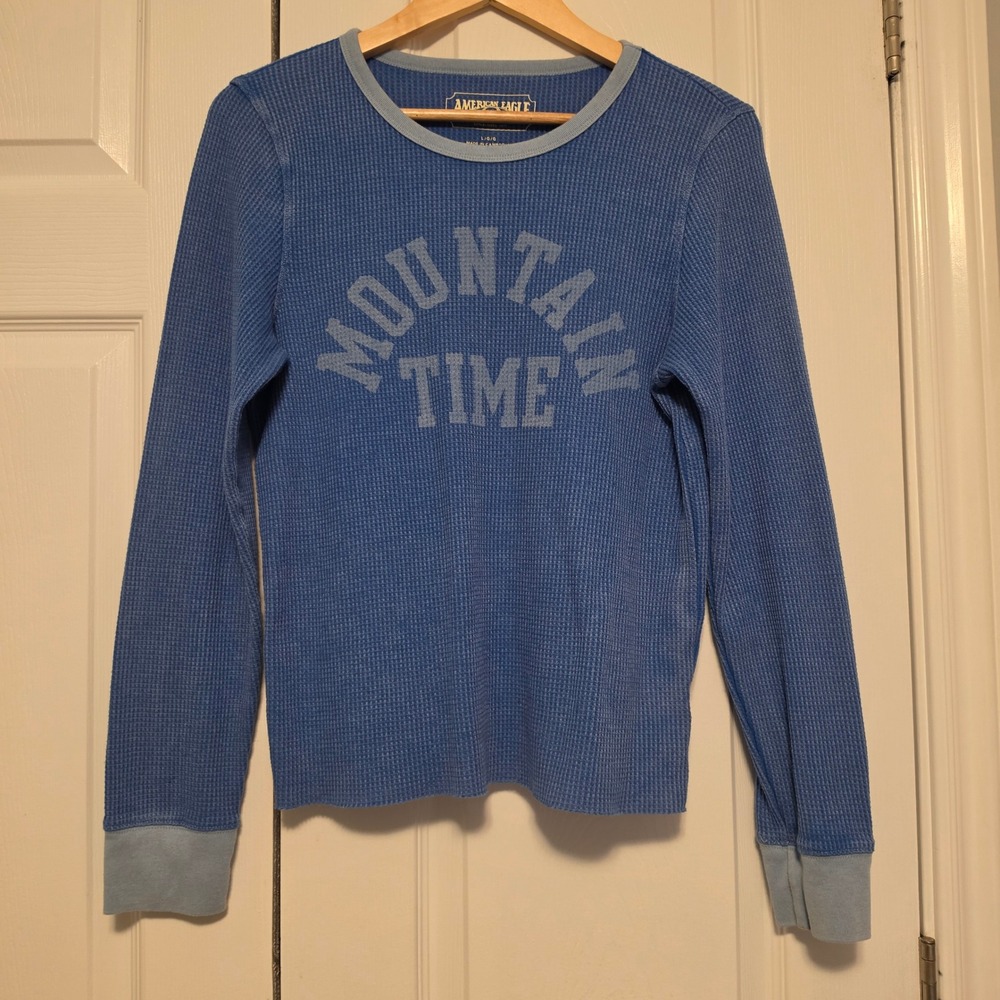 American Eagle Mountain Time Graphic Waffle Knit Thermal Top Blue Large L